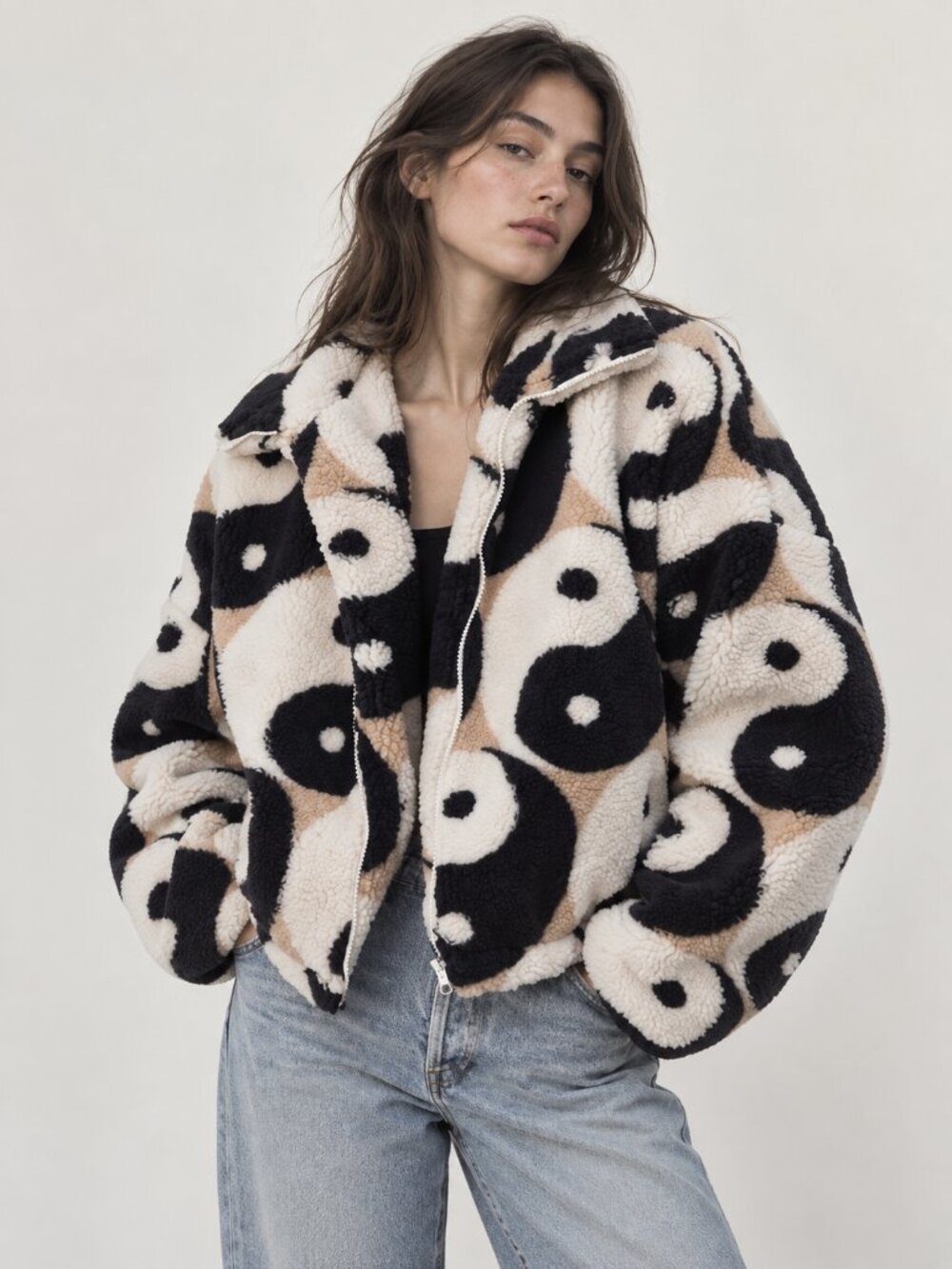 Urban Outfitters VIRAL Olivia Print Sherpa Jacket Yin Yang Fleece
